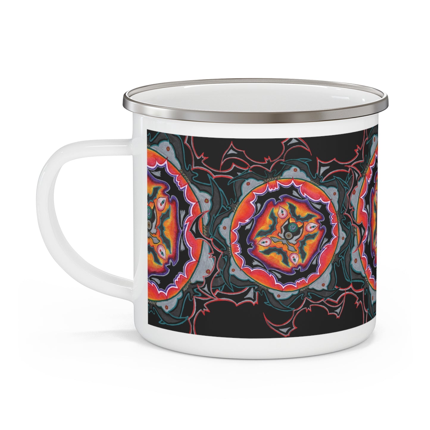 Scry Dance Pattern by breathemovedivine Enamel Camping Mug, Boho, Cottagecore, Witchcore Outdoor Drinkware