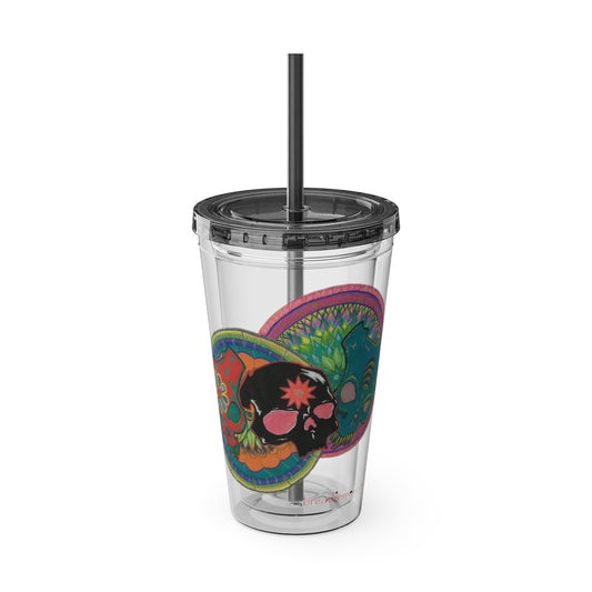 Untitled by breathemovedivine 16oz Acrylic Tumbler with Straw — Colorful Floral Skull Design
