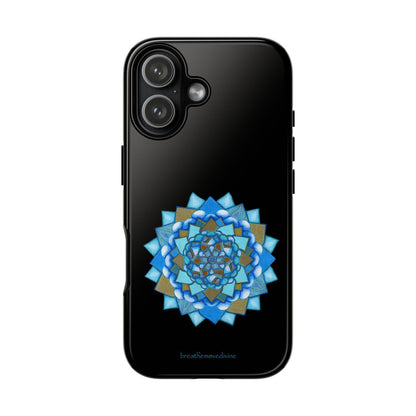 Black smartphone with a decorative blue and gold pattern on a white background