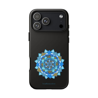 Black phone case with a blue and gold mandala design on a white background