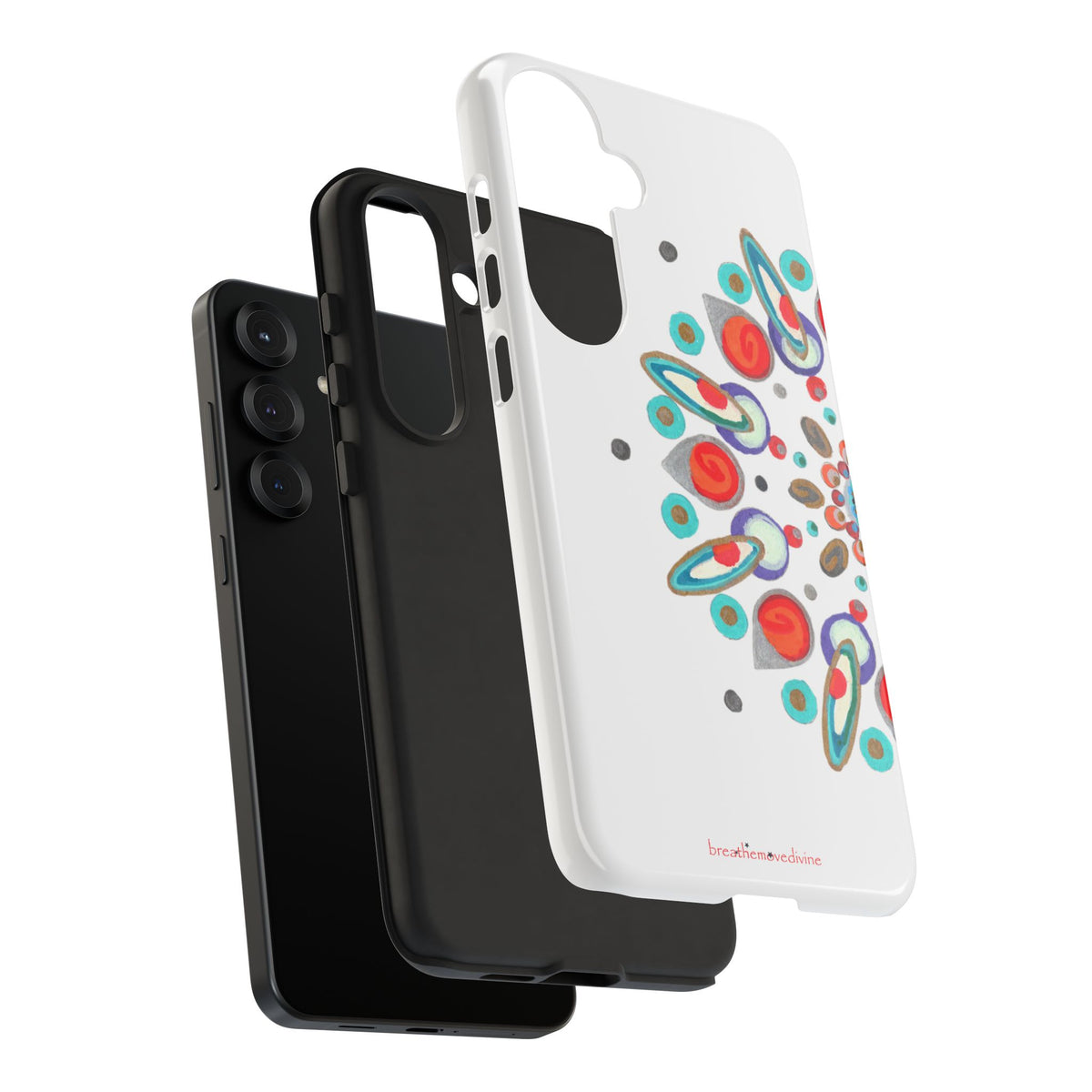 Phone case with colorful abstract design on a white background
