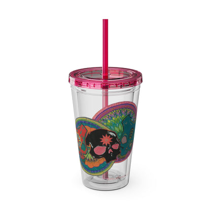 Untitled by breathemovedivine 16oz Acrylic Tumbler with Straw — Colorful Floral Skull Design