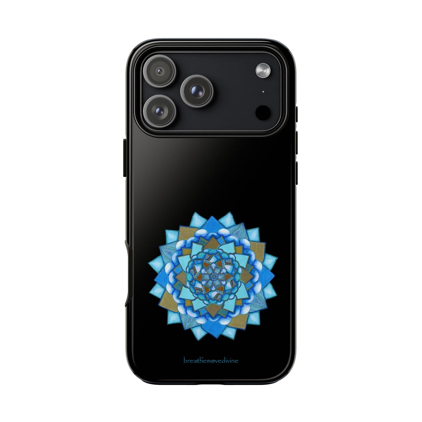 Black smartphone with a decorative blue and gold pattern on a white background