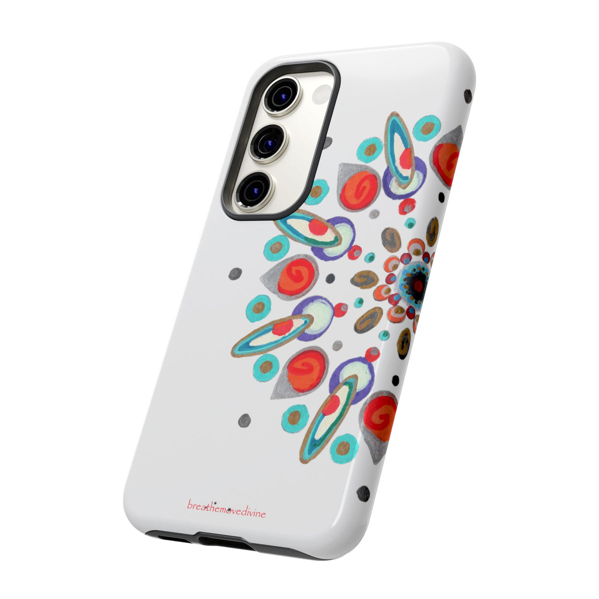 Phone case with colorful abstract design on a white background