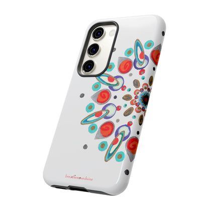 Phone case with colorful abstract design on a white background