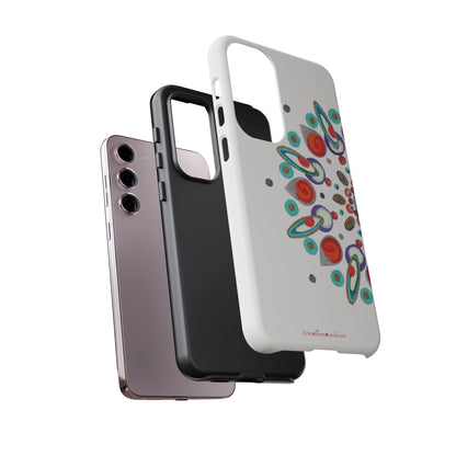 Phone case with colorful abstract design on a white background