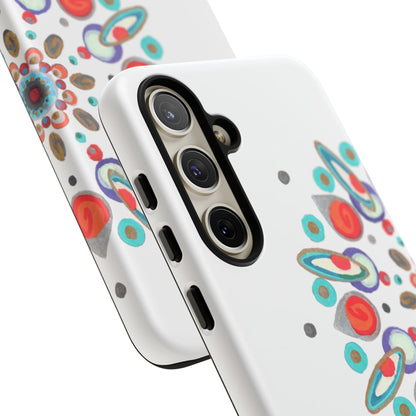 Phone case with colorful abstract design on a white background
