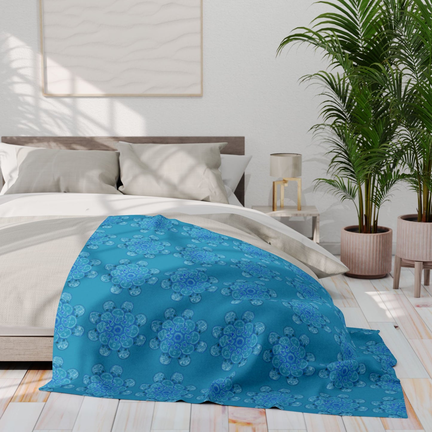 Flowers for Me Cozy Arctic Fleece Blanket | Live to Snuggle in Turquoise -  26.66 - Medium on Bed 2