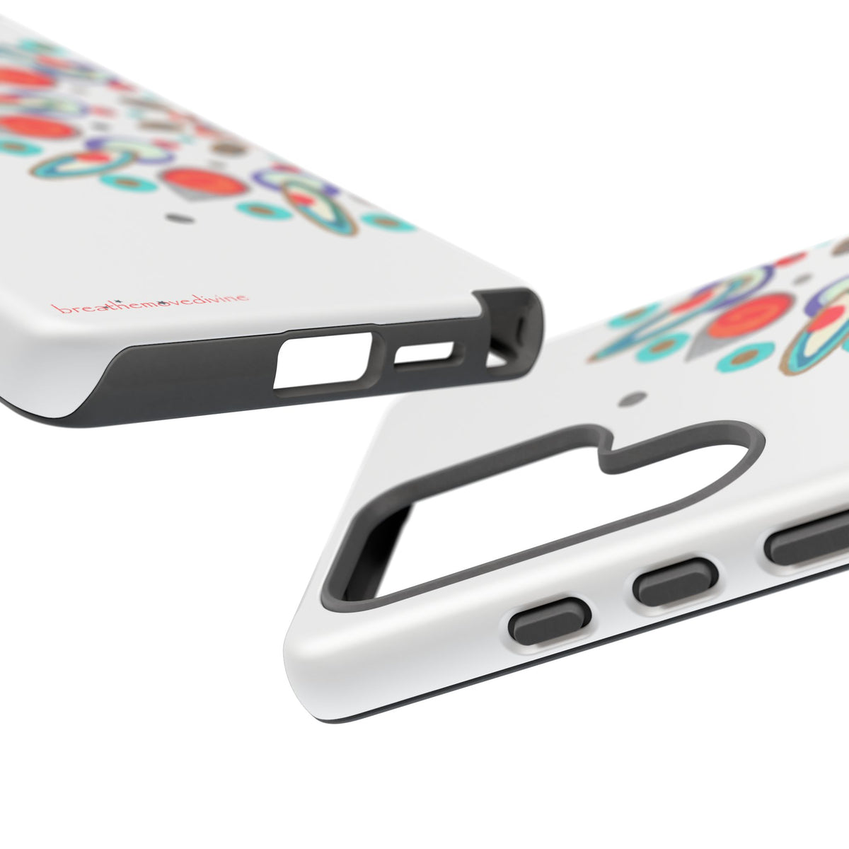 Two phone cases with colorful designs on a white background