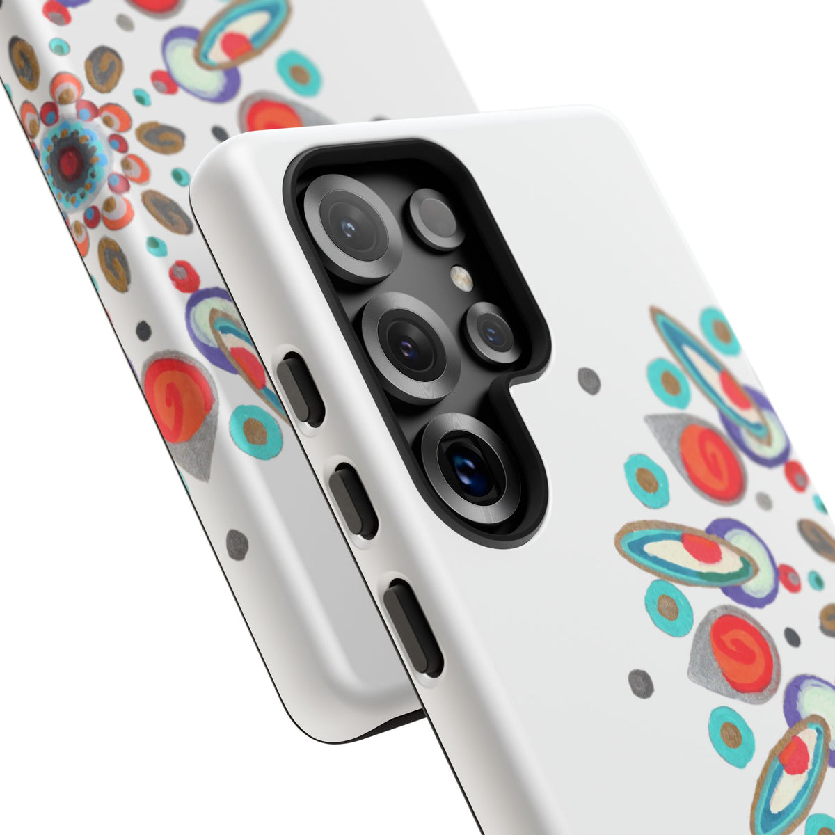 Phone case with colorful abstract design on a white background