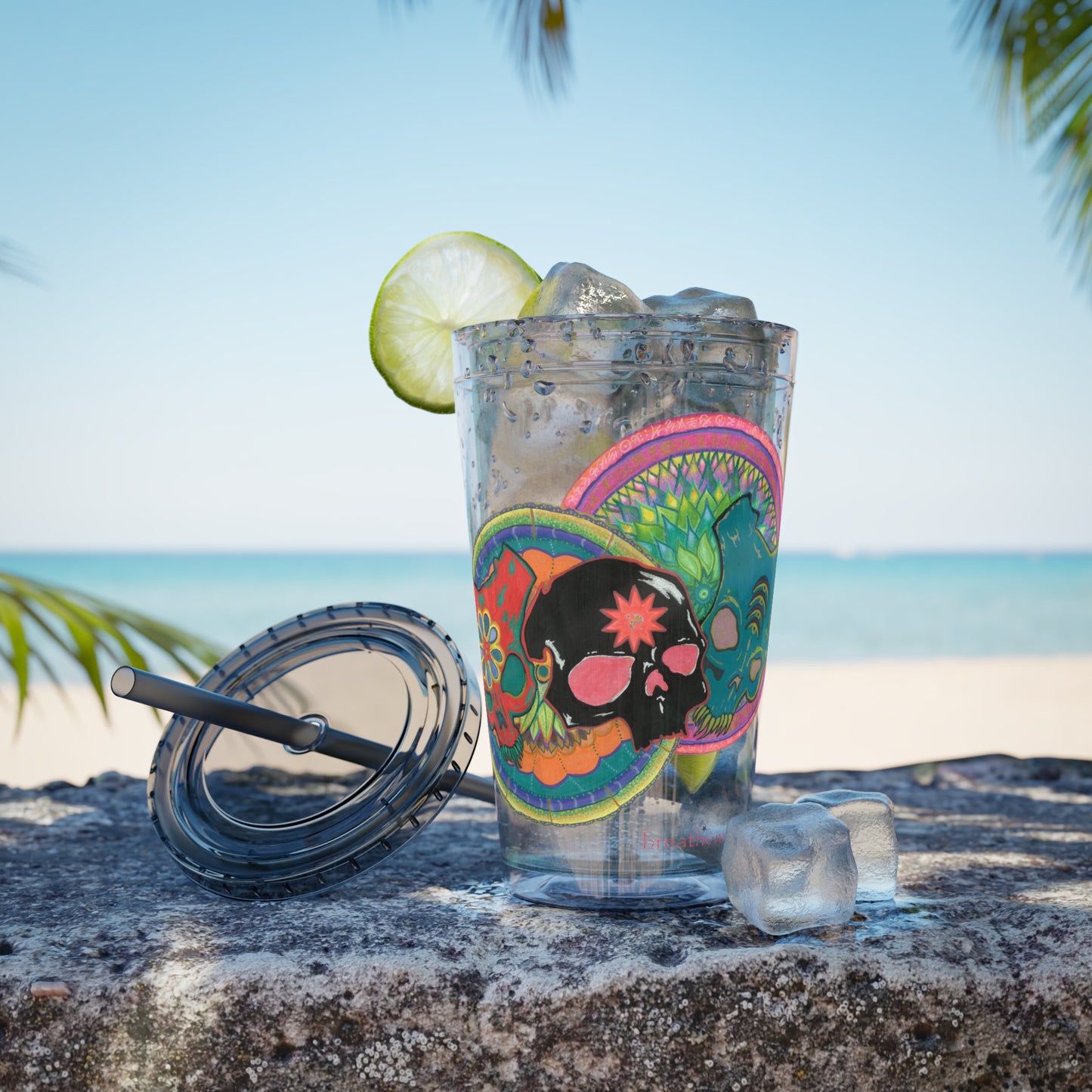 Untitled by breathemovedivine 16oz Acrylic Tumbler with Straw — Colorful Floral Skull Design