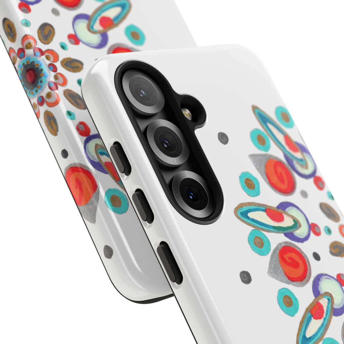 Phone case with colorful circular pattern on a white background