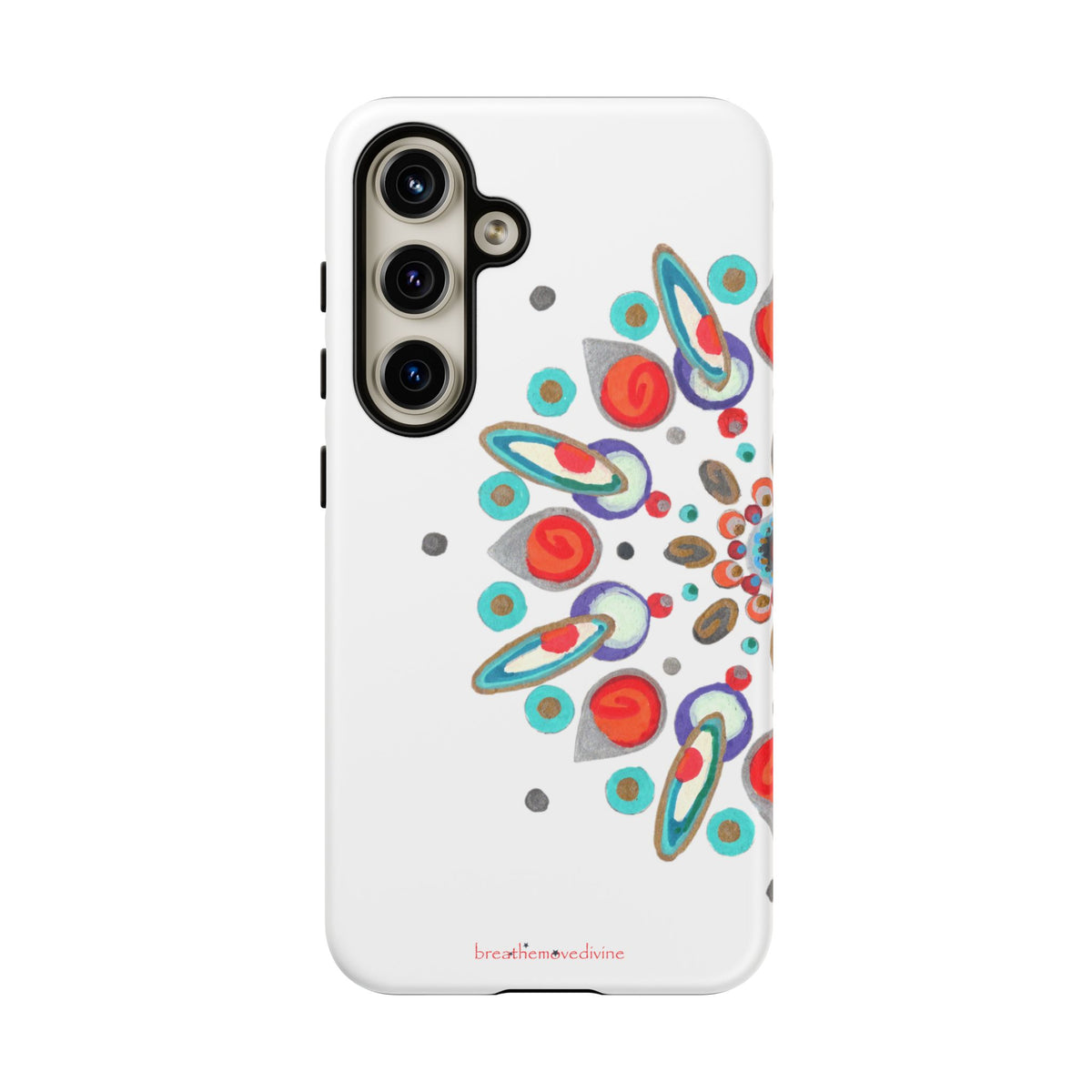 Phone case with colorful curcular design on a white background