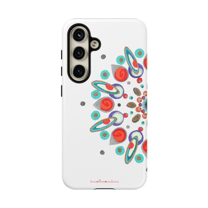 Phone case with colorful curcular design on a white background