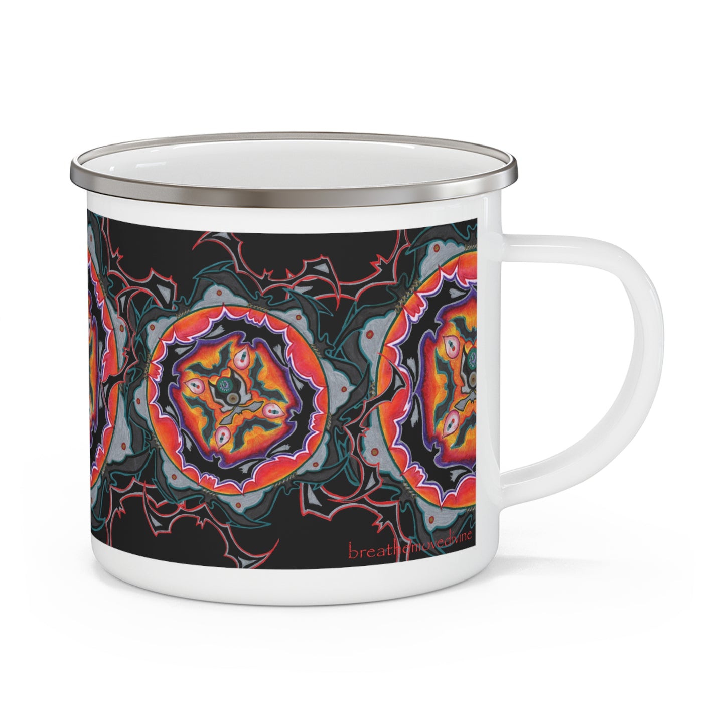 Scry Dance Pattern by breathemovedivine Enamel Camping Mug, Boho, Cottagecore, Witchcore Outdoor Drinkware
