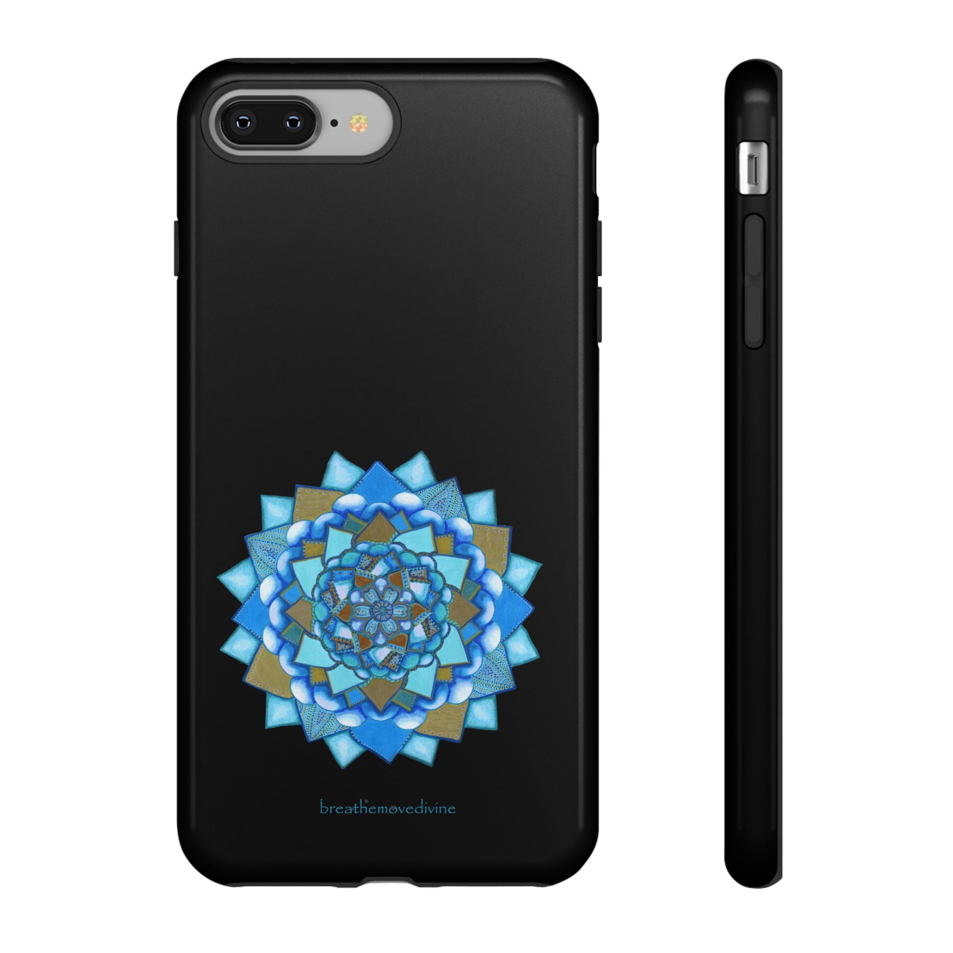 Phone case with blue and gold mandala design on a black background