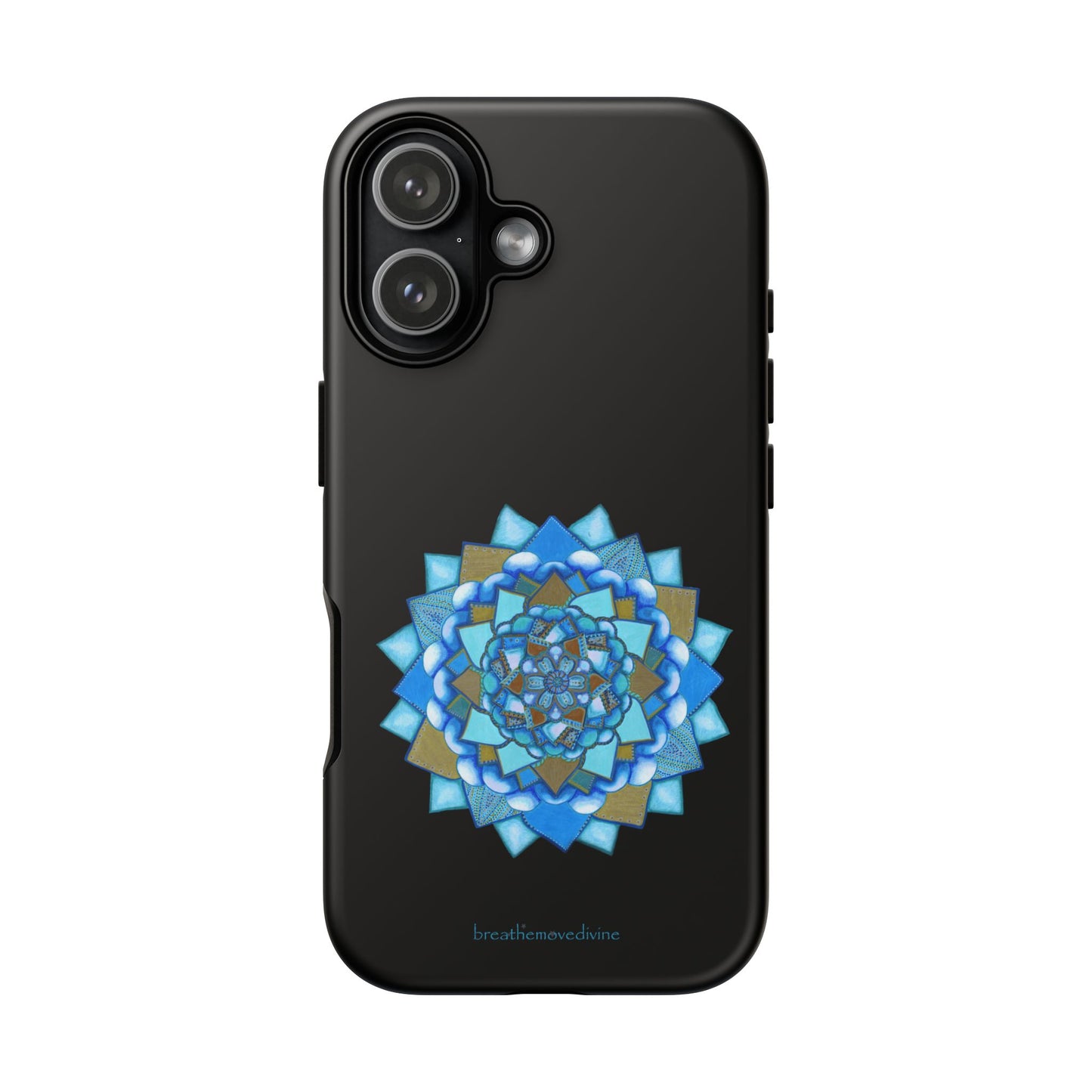 Black smartphone with a decorative blue and gold pattern on a white background