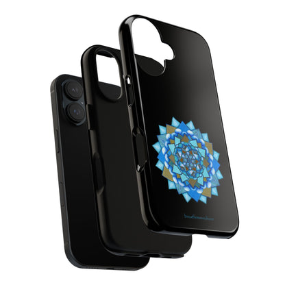 Black phone case with blue geometric design on a white background
