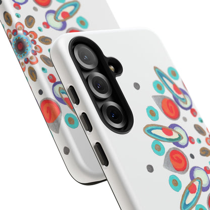 Phone case with colorful abstract design on a white background