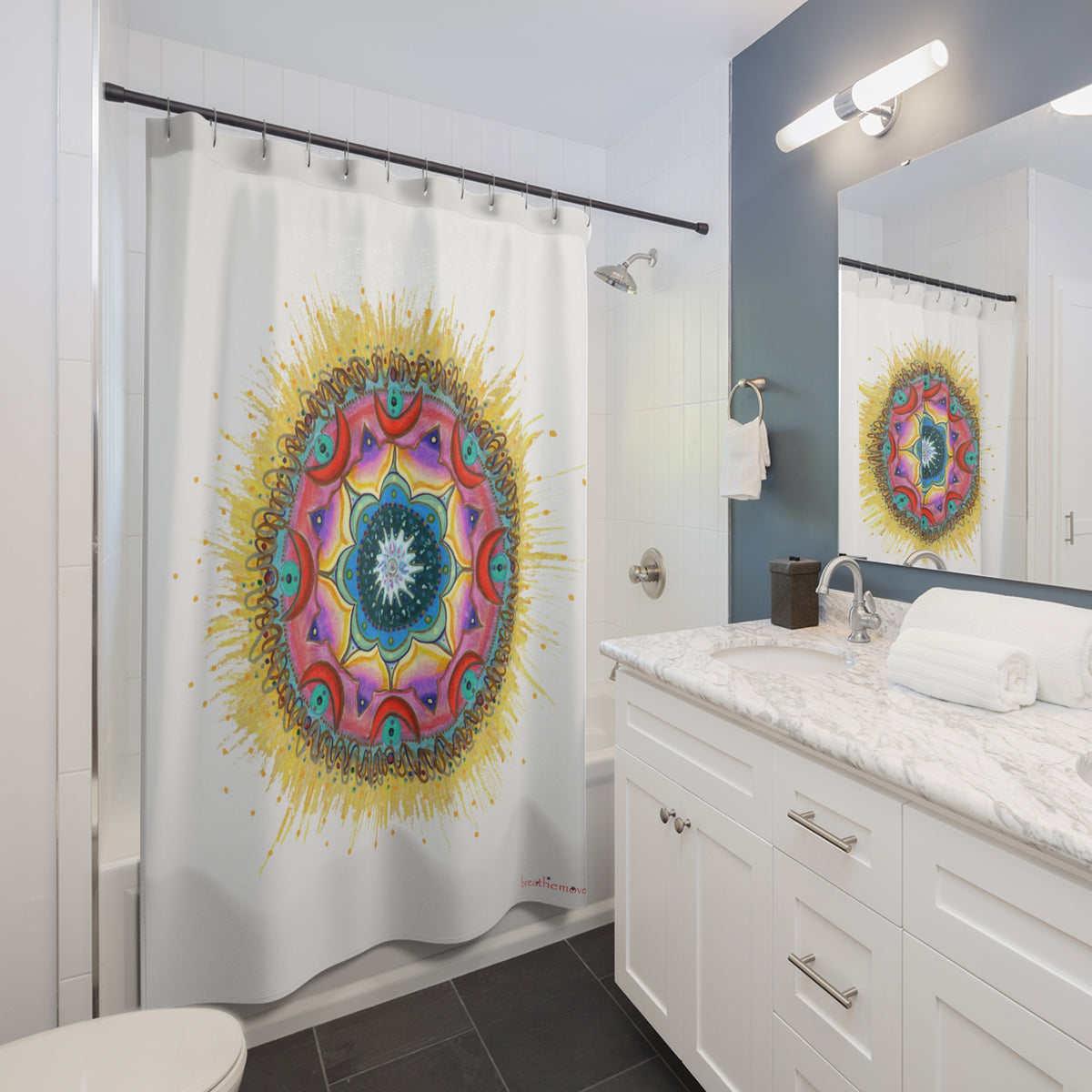 7 Chakras by breathemovedivine Vibrant Medallion Shower Curtain