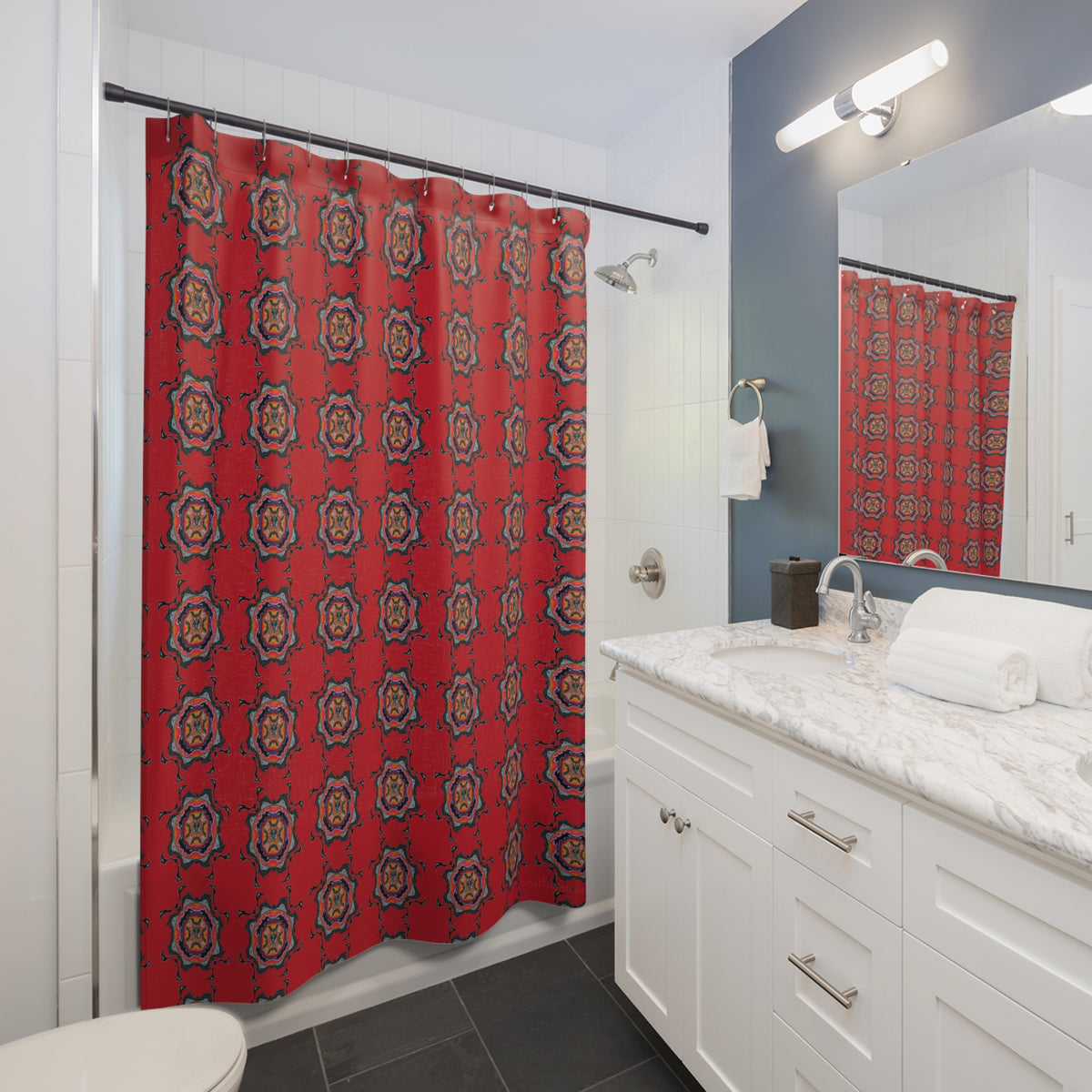 Scry by breathemovedivine Pattern Shower Curtain - Bats Mandala in Red