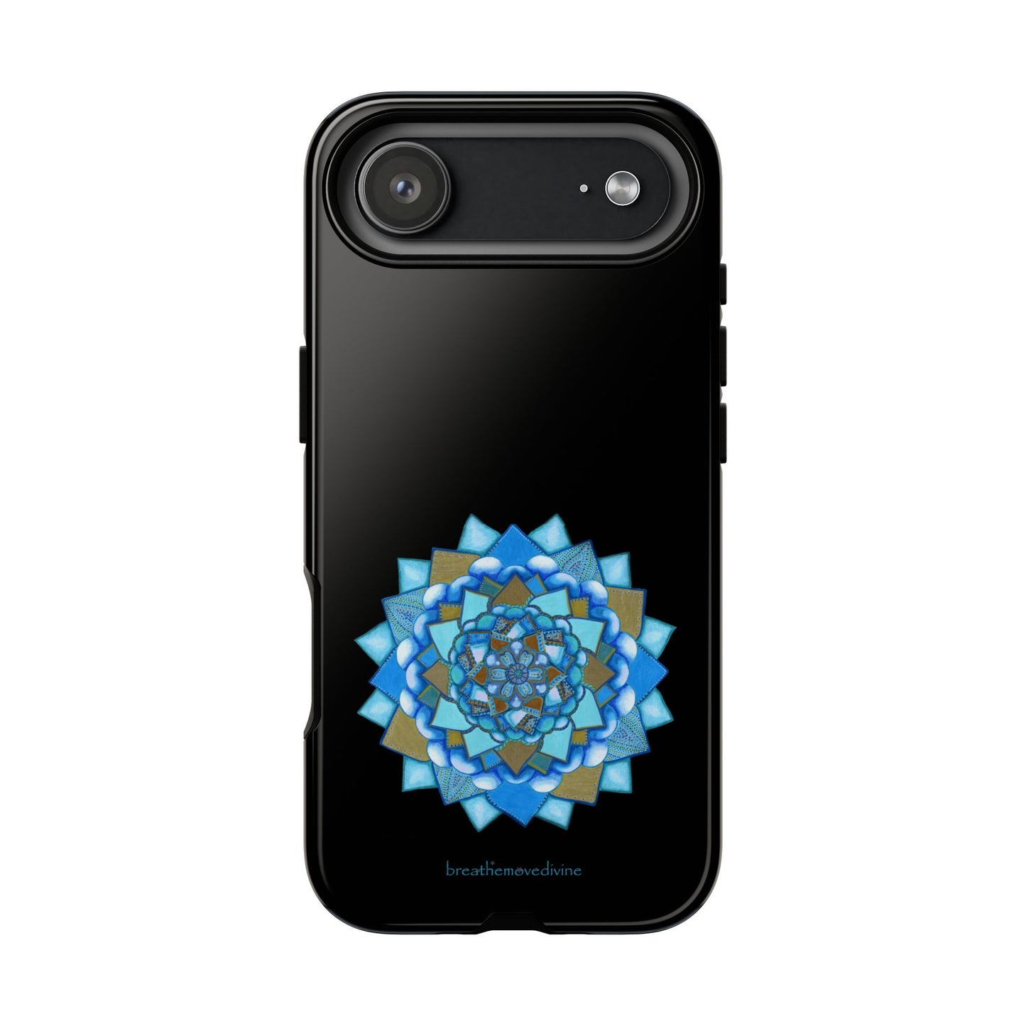 Black phone case with a blue and gold mandala design on a white background