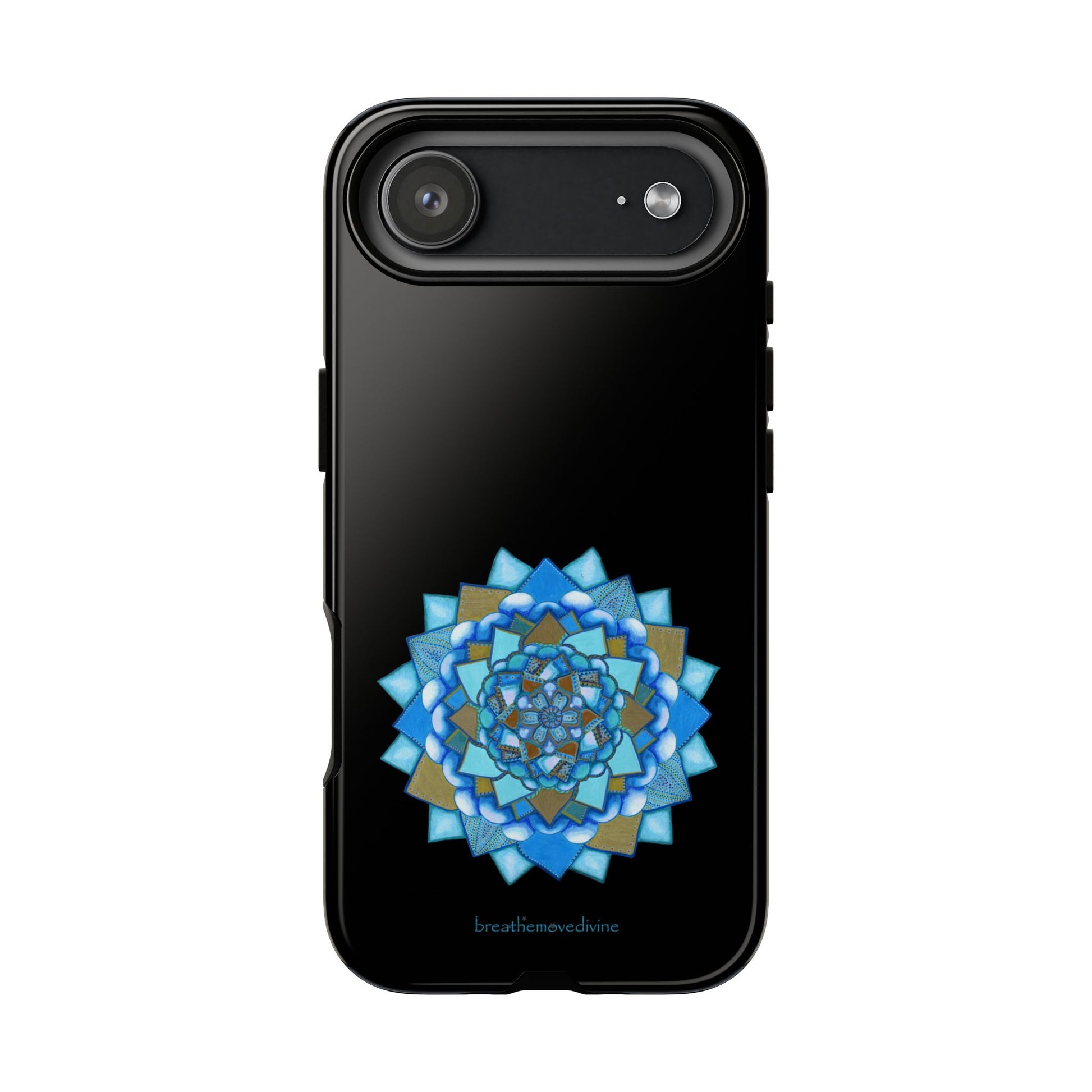 Black phone case with a blue and gold mandala design on a white background