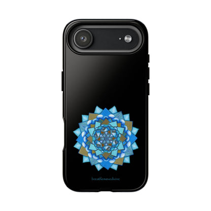 Black phone case with a blue and gold mandala design on a white background