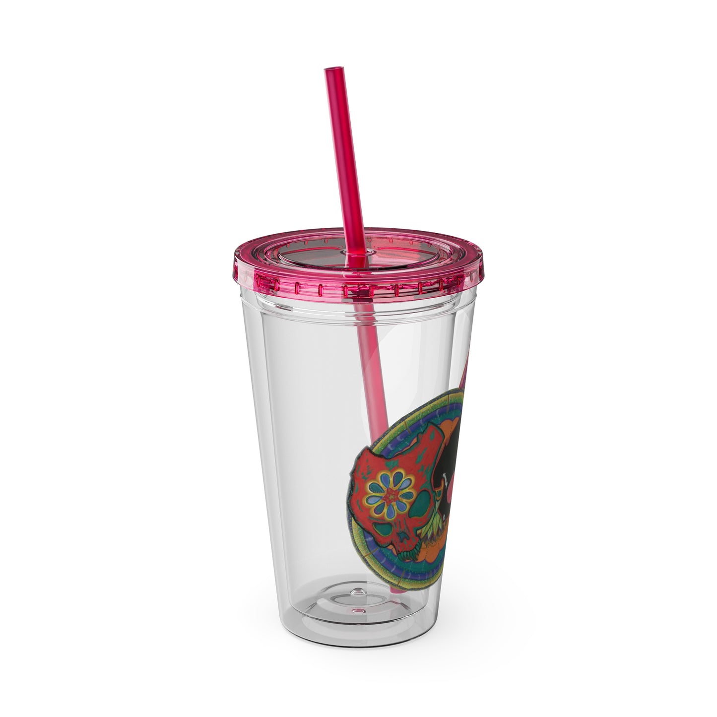 Untitled by breathemovedivine 16oz Acrylic Tumbler with Straw — Colorful Floral Skull Design