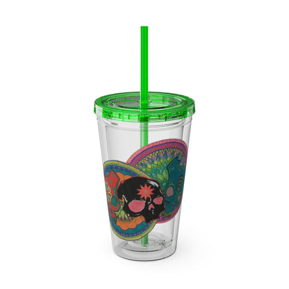 Untitled by breathemovedivine 16oz Acrylic Tumbler with Straw — Colorful Floral Skull Design