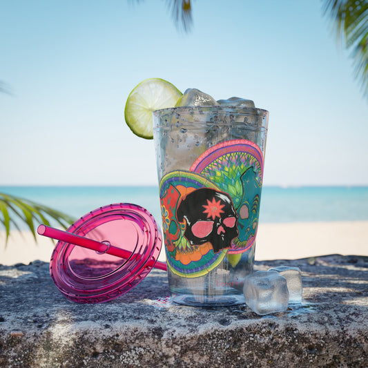 Untitled by breathemovedivine 16oz Acrylic Tumbler with Straw — Colorful Floral Skull Design