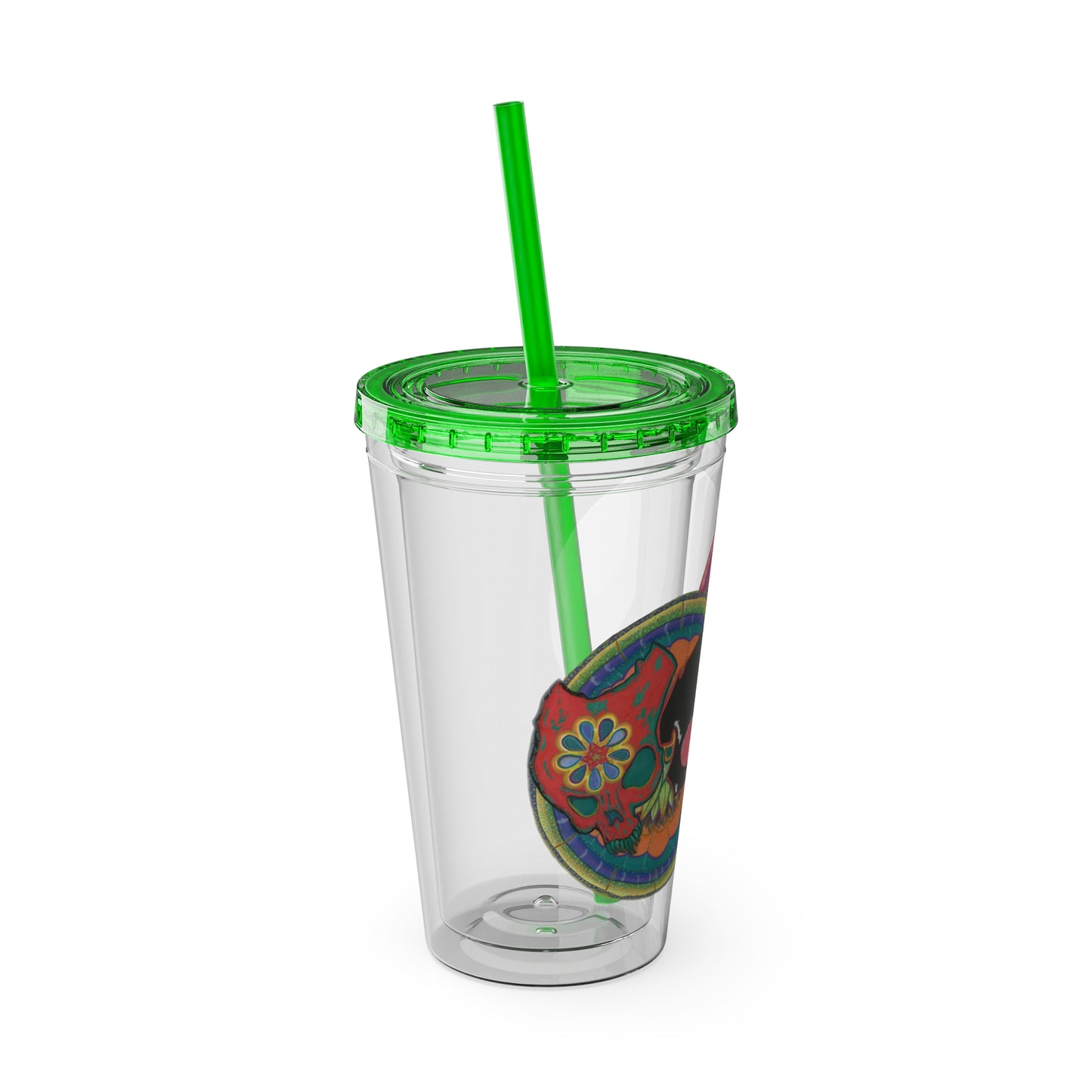 Untitled by breathemovedivine 16oz Acrylic Tumbler with Straw — Colorful Floral Skull Design