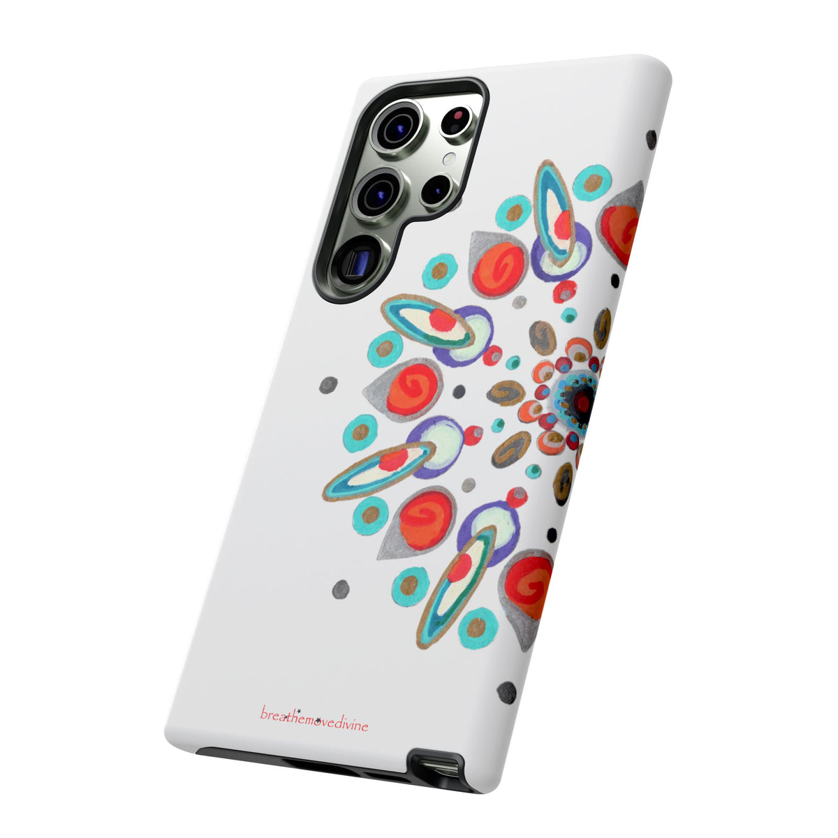 Phone case with colorful abstract design on a white background