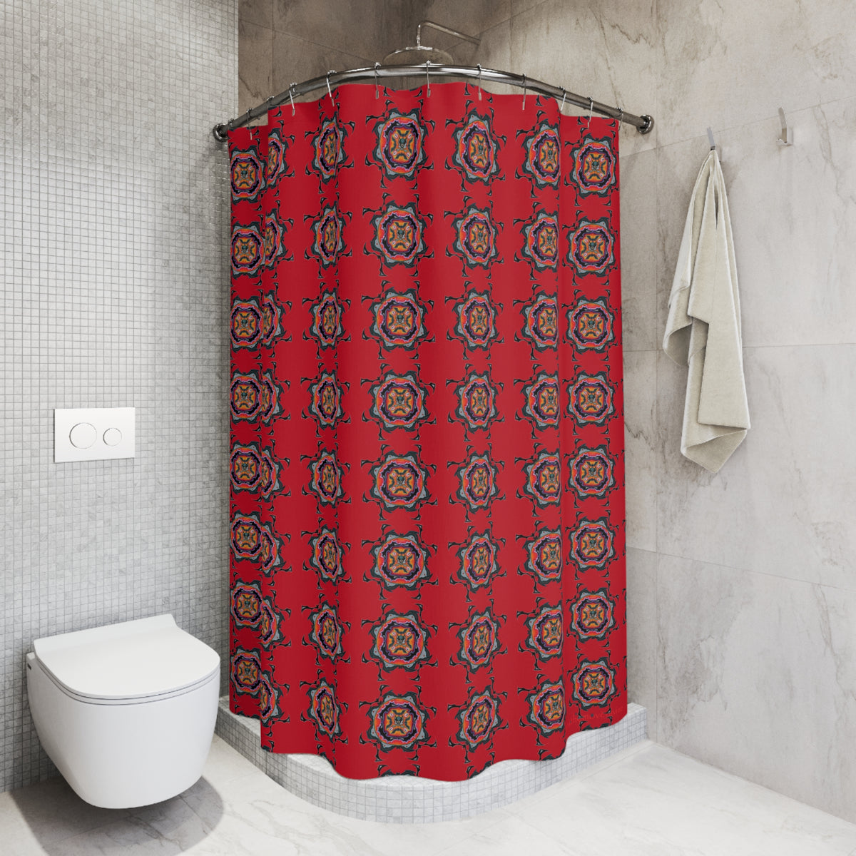 Scry by breathemovedivine Pattern Shower Curtain - Bats Mandala in Red
