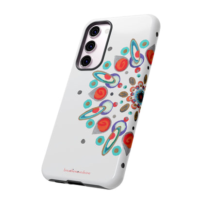 Phone case with colorful abstract design on a white background