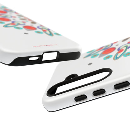 Close-up of a pink phone case with text on a white background