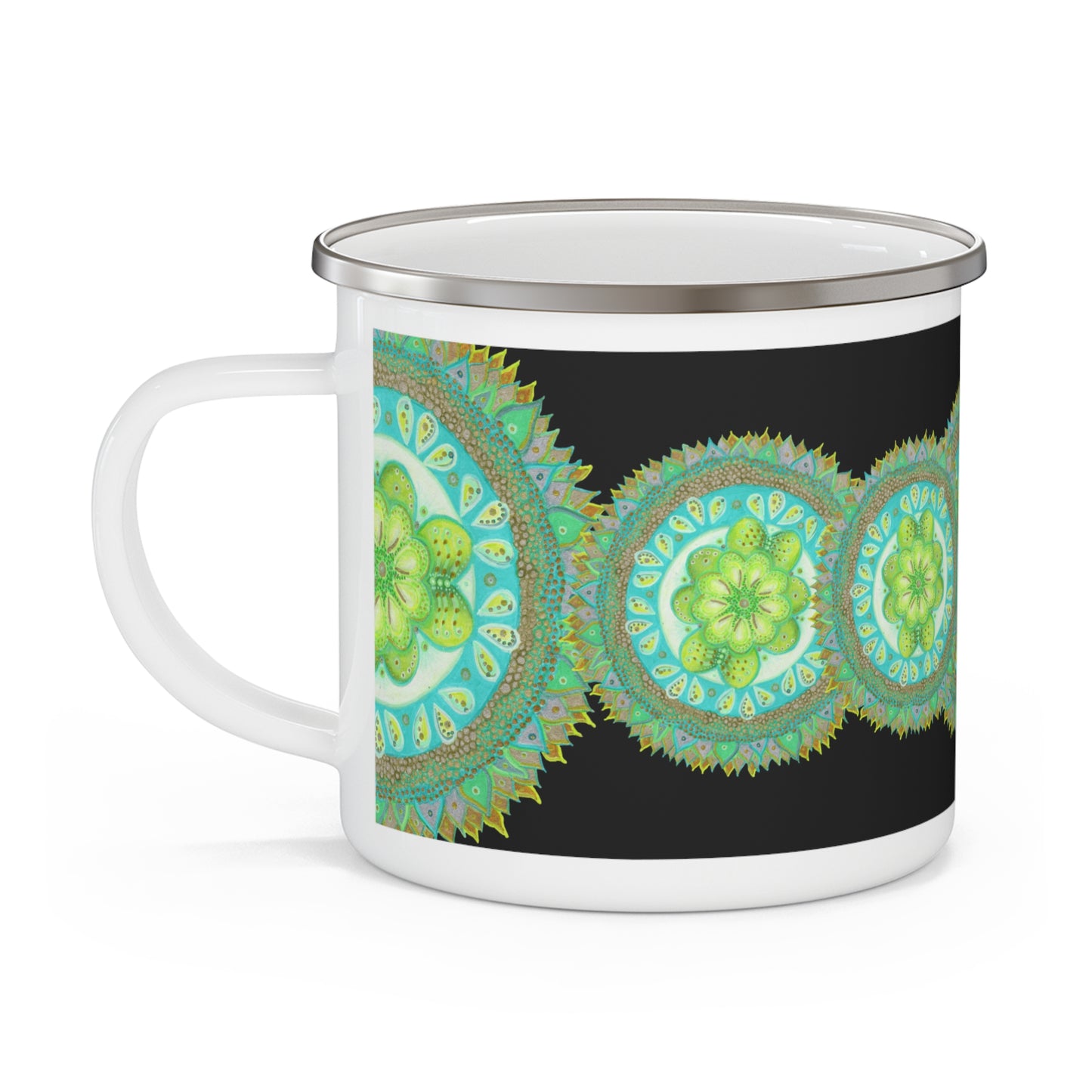 Heart of Nature Bug Dance Pattern by breathemovedivine Enamel Camping Mug, Boho, Cottagecore, Witchcore
