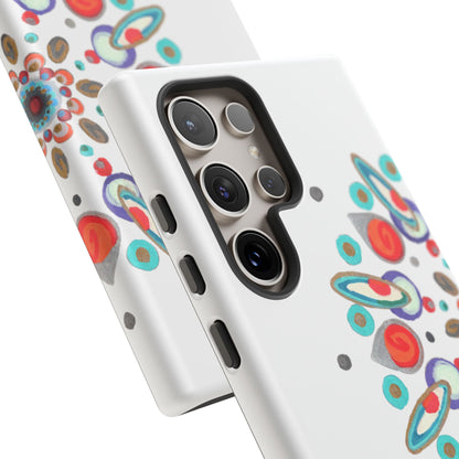 Phone case with colorful abstract design on a white background