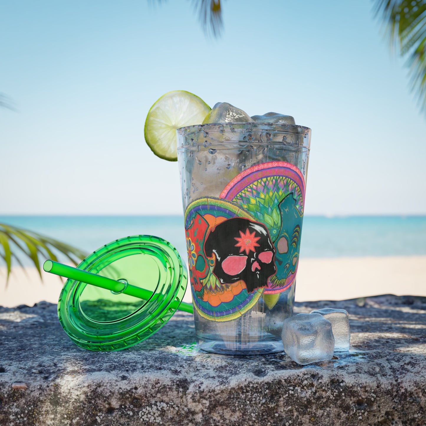 Untitled by breathemovedivine 16oz Acrylic Tumbler with Straw — Colorful Floral Skull Design