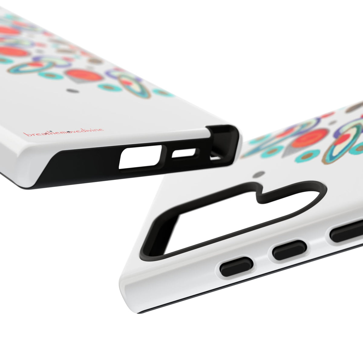 Two phone cases with colorful circular patterns on a white background