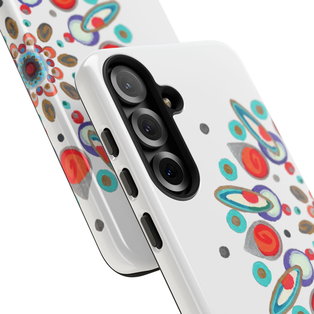 Phone case with colorful abstract design on a white background