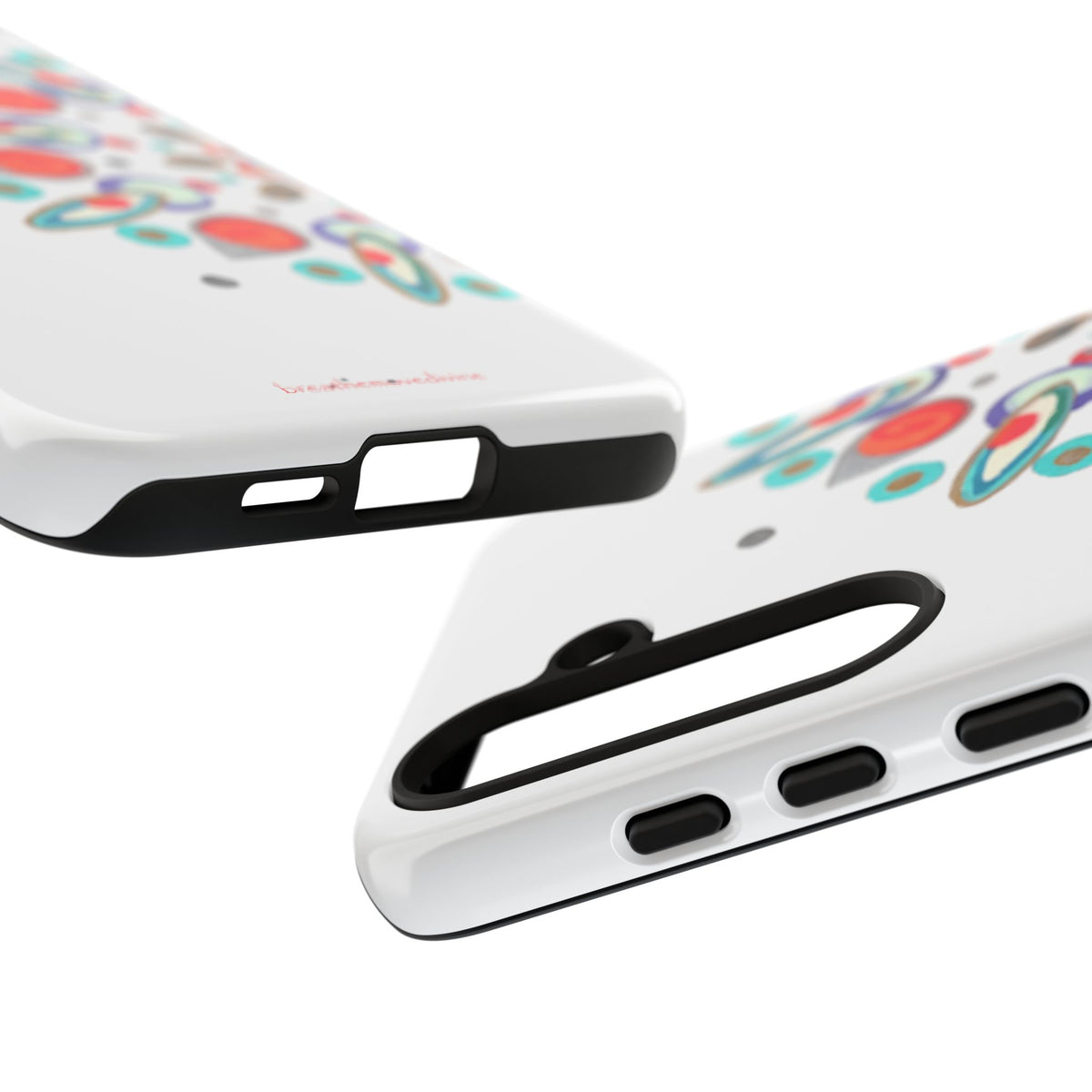 Close-up of a pink phone case with text on a white background