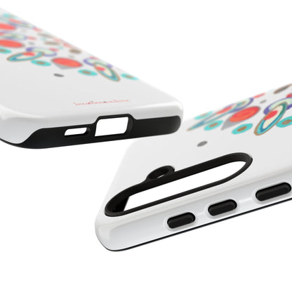 Close-up of a pink phone case with text on a white background