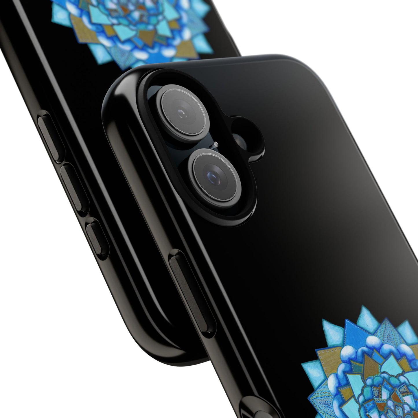 Black smartphone with a decorative blue and gold pattern on a white background