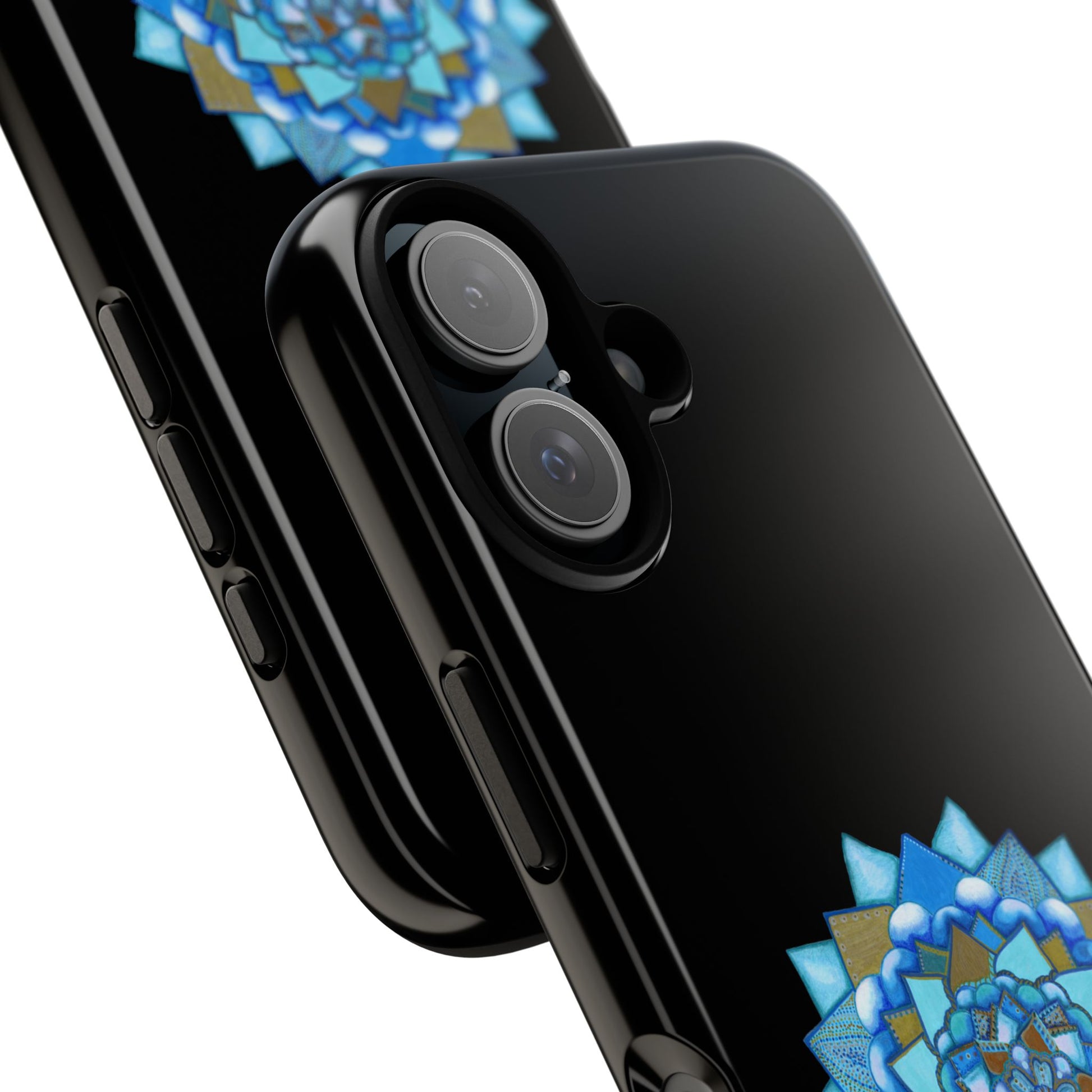 Black smartphone with a decorative blue and gold pattern on a white background