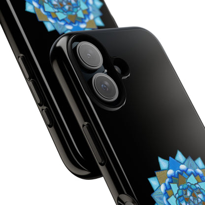 Black smartphone with a decorative blue and gold pattern on a white background