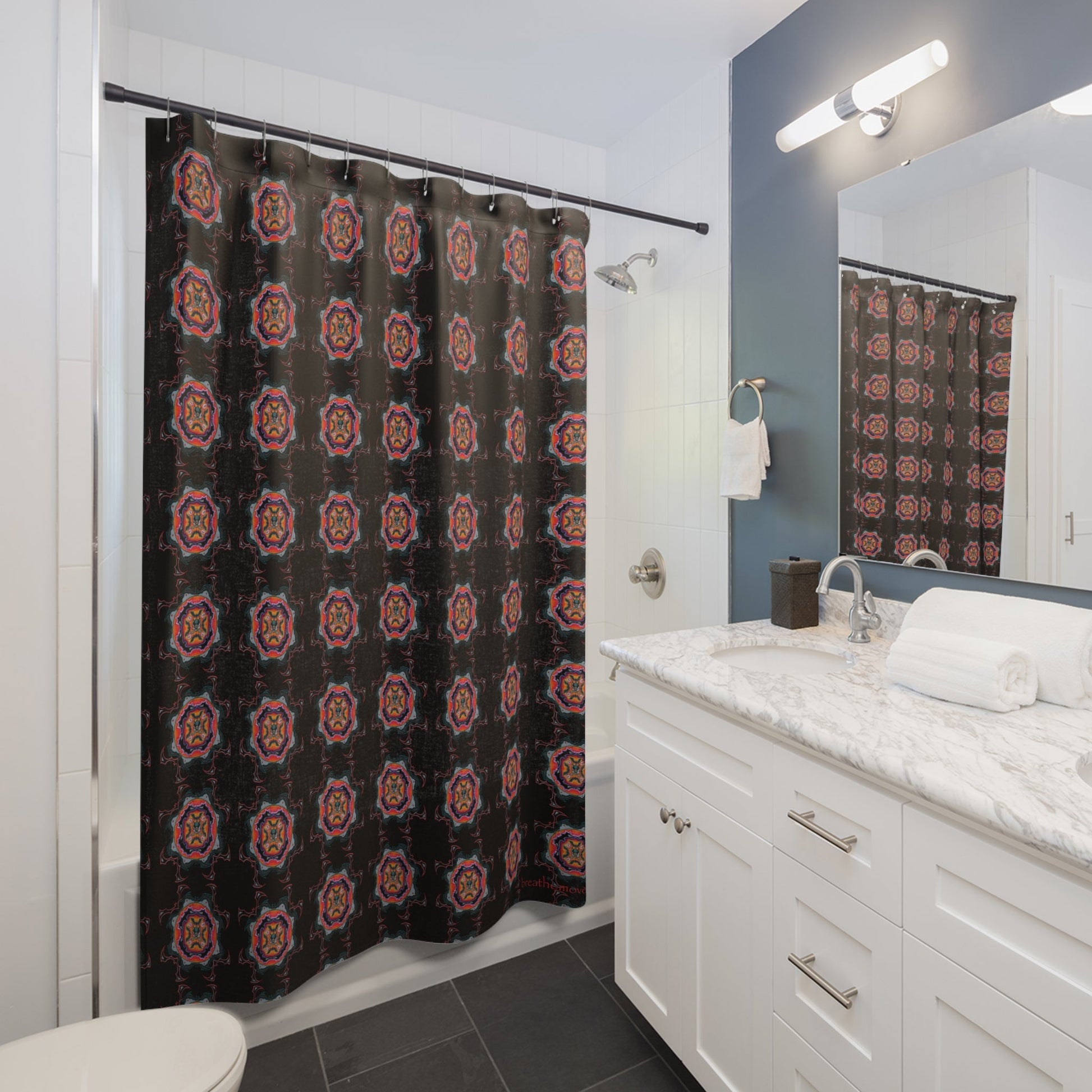 Scry by breathemovedivine Pattern Shower Curtain - Bats Mandala in Black - breathemovedivine