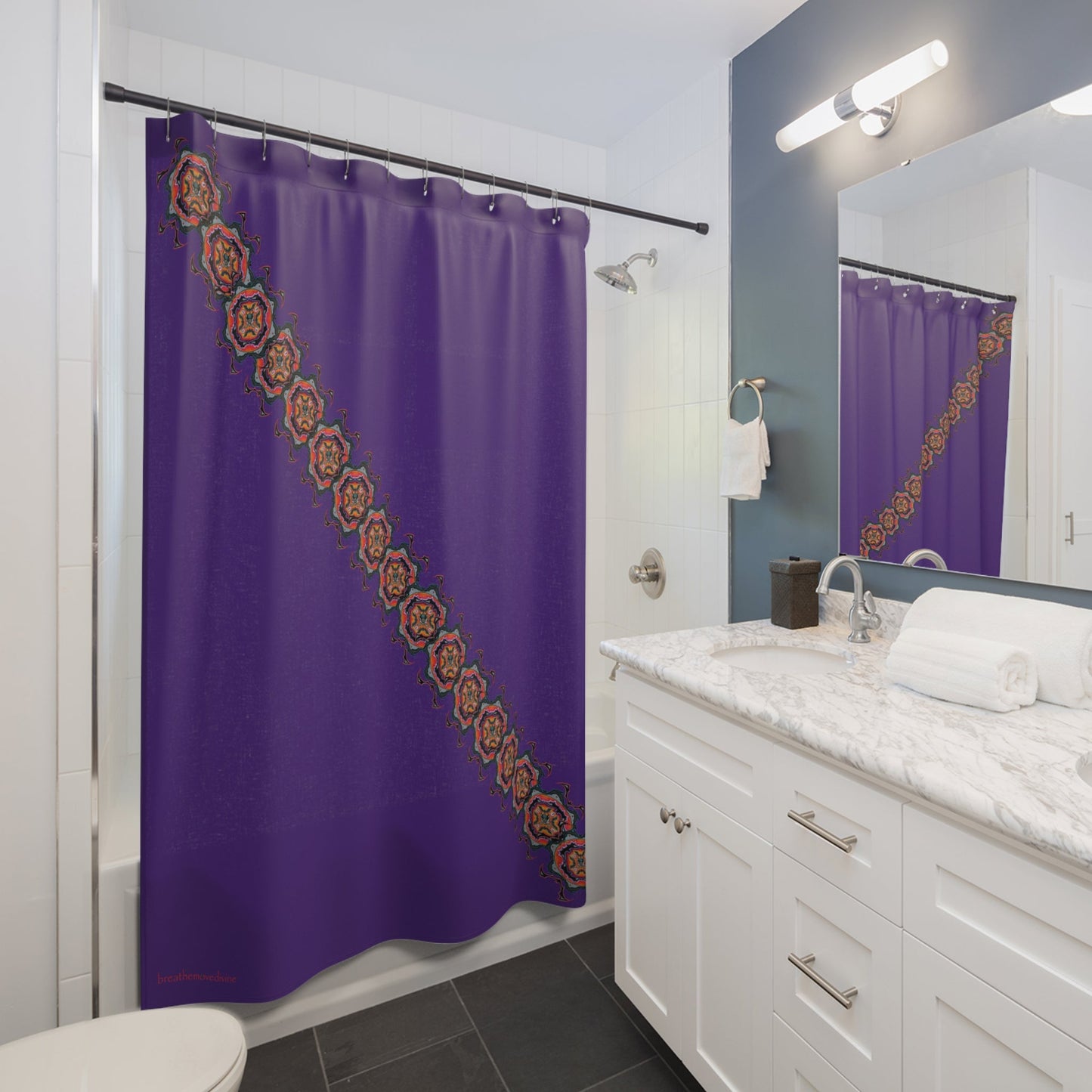 Scry by breathemovedivine Shower Curtain - Bats Mandala in Purple - breathemovedivine