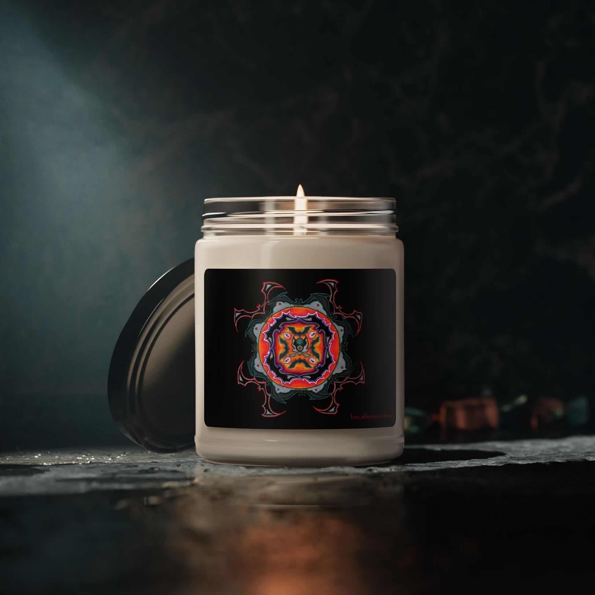 Scry by breathemovedivine Vibrant Mandala Soy Candle in Black - 9oz Aromatic Haven for Relaxation - breathemovedivine